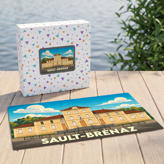 Puzzle souvenir de la ville de Sault-Brénaz avec une illustration stylisée.