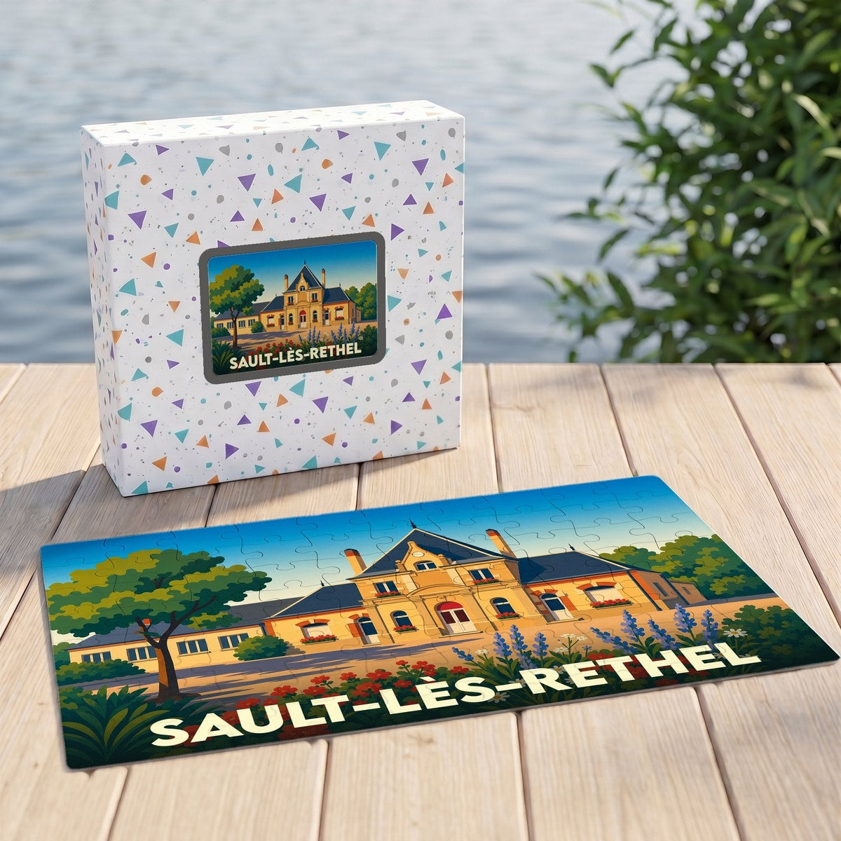 Puzzle souvenir de la ville de Sault-lès-Rethel avec une illustration stylisée de son patrimoine.