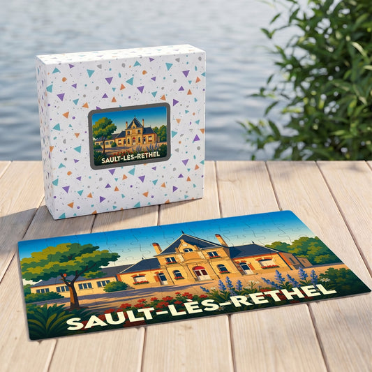 Puzzle souvenir de la ville de Sault-lès-Rethel avec une illustration stylisée de son patrimoine.
