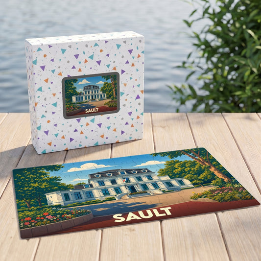 Puzzle souvenir de la ville de Sault représentant une illustration stylisée d'un bâtiment historique dans son coffret assorti.
