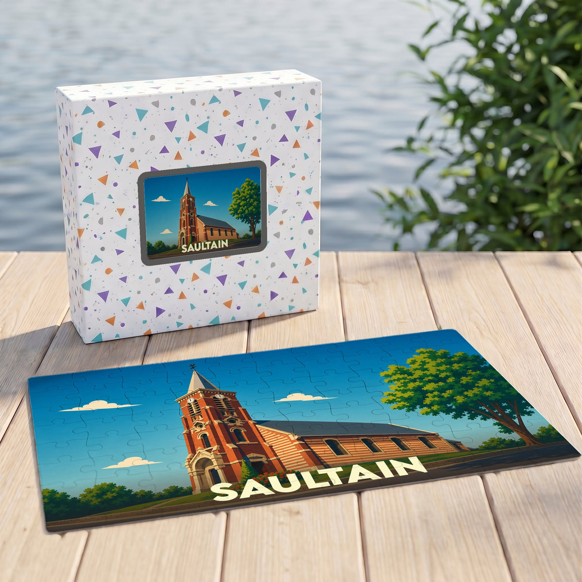 Puzzle souvenir de la ville de Saultain illustré d'un dessin stylisé de son église.