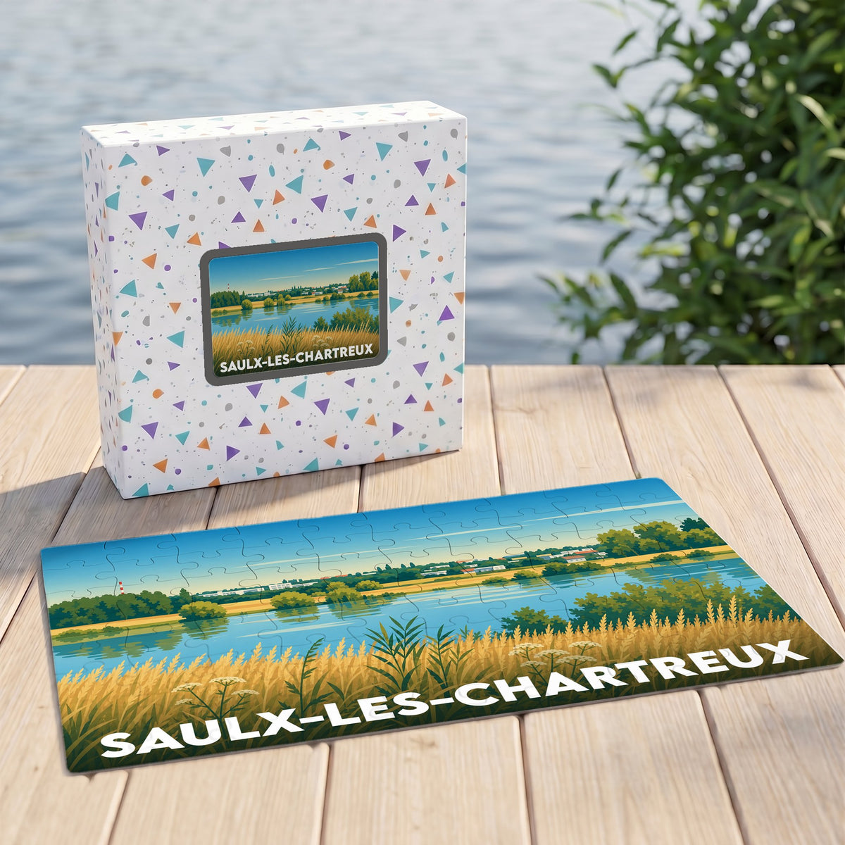 Puzzle souvenir de la ville de Saulx-les-Chartreux avec une illustration stylisée d'un paysage de bord de l'eau.