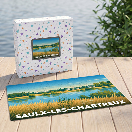 Puzzle souvenir de la ville de Saulx-les-Chartreux avec une illustration stylisée d'un paysage de bord de l'eau.