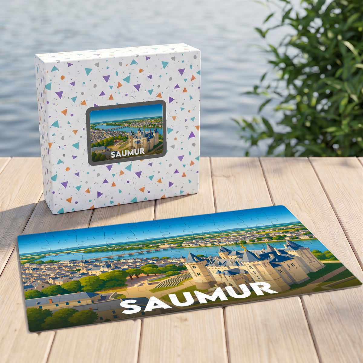 Puzzle souvenir de la ville de Saumur avec une illustration stylisée du château et de la Loire.
