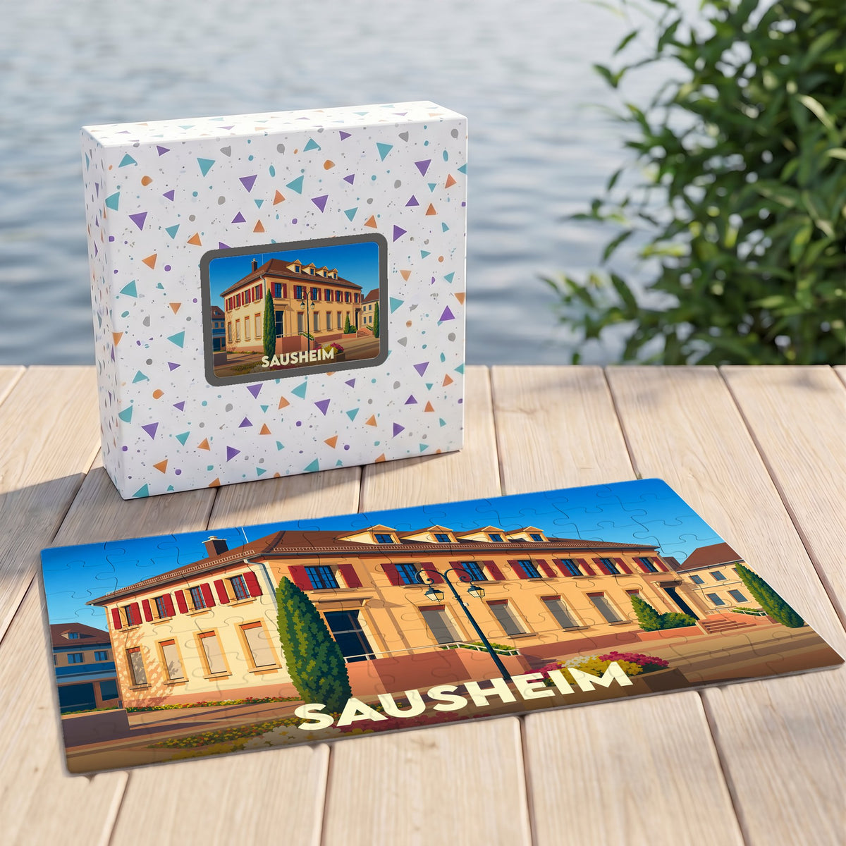 Puzzle souvenir de la ville de Sausheim illustrant un bâtiment historique dans un style graphique épuré.