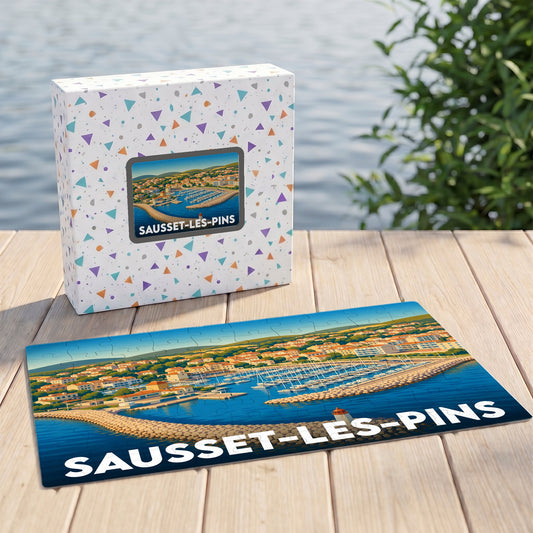Puzzle souvenir de la ville de Sausset-les-Pins avec une illustration stylisée de son port.