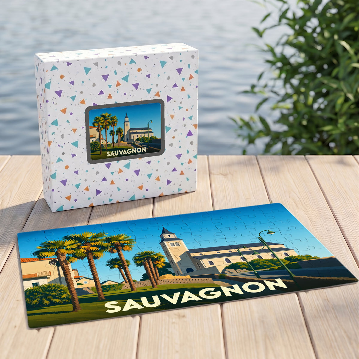 Puzzle souvenir de la ville de Sauvagnon avec une illustration stylisée d'une église et de palmiers.