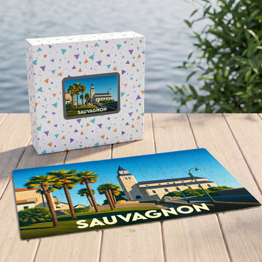 Puzzle souvenir de la ville de Sauvagnon avec une illustration stylisée d'une église et de palmiers.