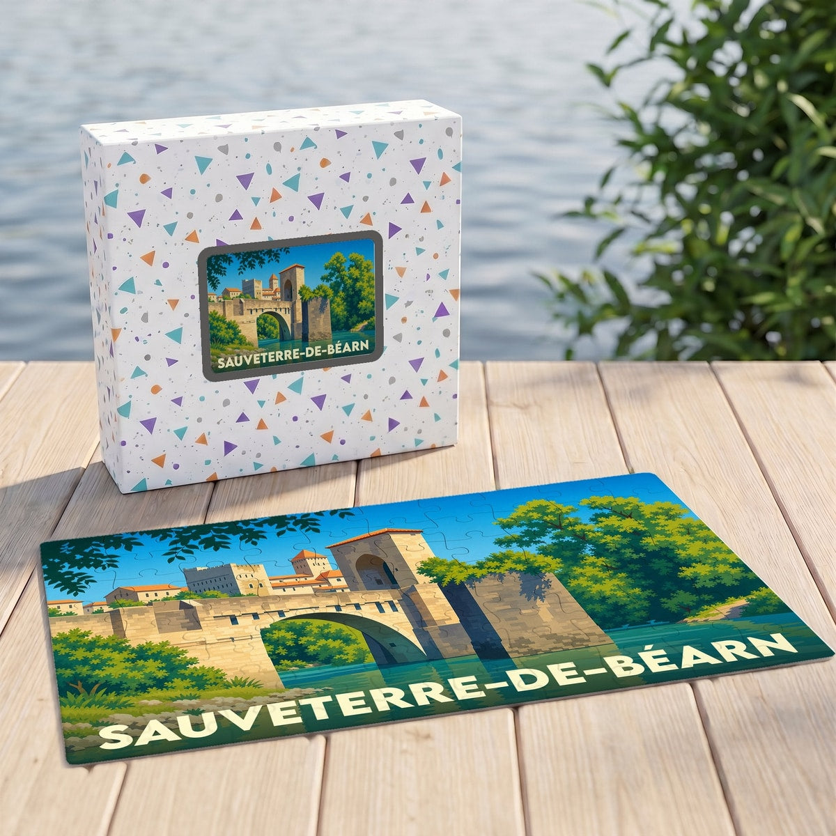 Puzzle souvenir de la ville de Sauveterre-de-Béarn avec une illustration stylisée de son pont fortifié.