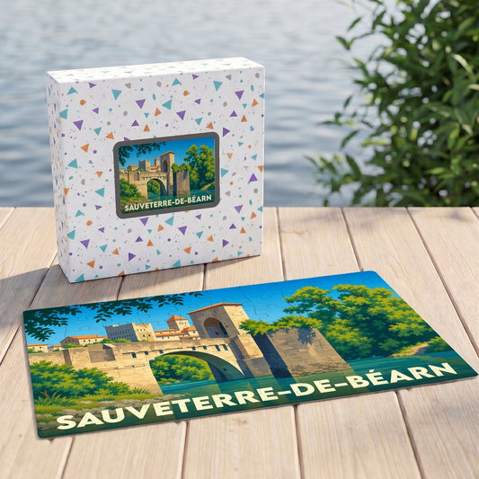 Puzzle souvenir de la ville de Sauveterre-de-Béarn avec une illustration stylisée de son pont fortifié.