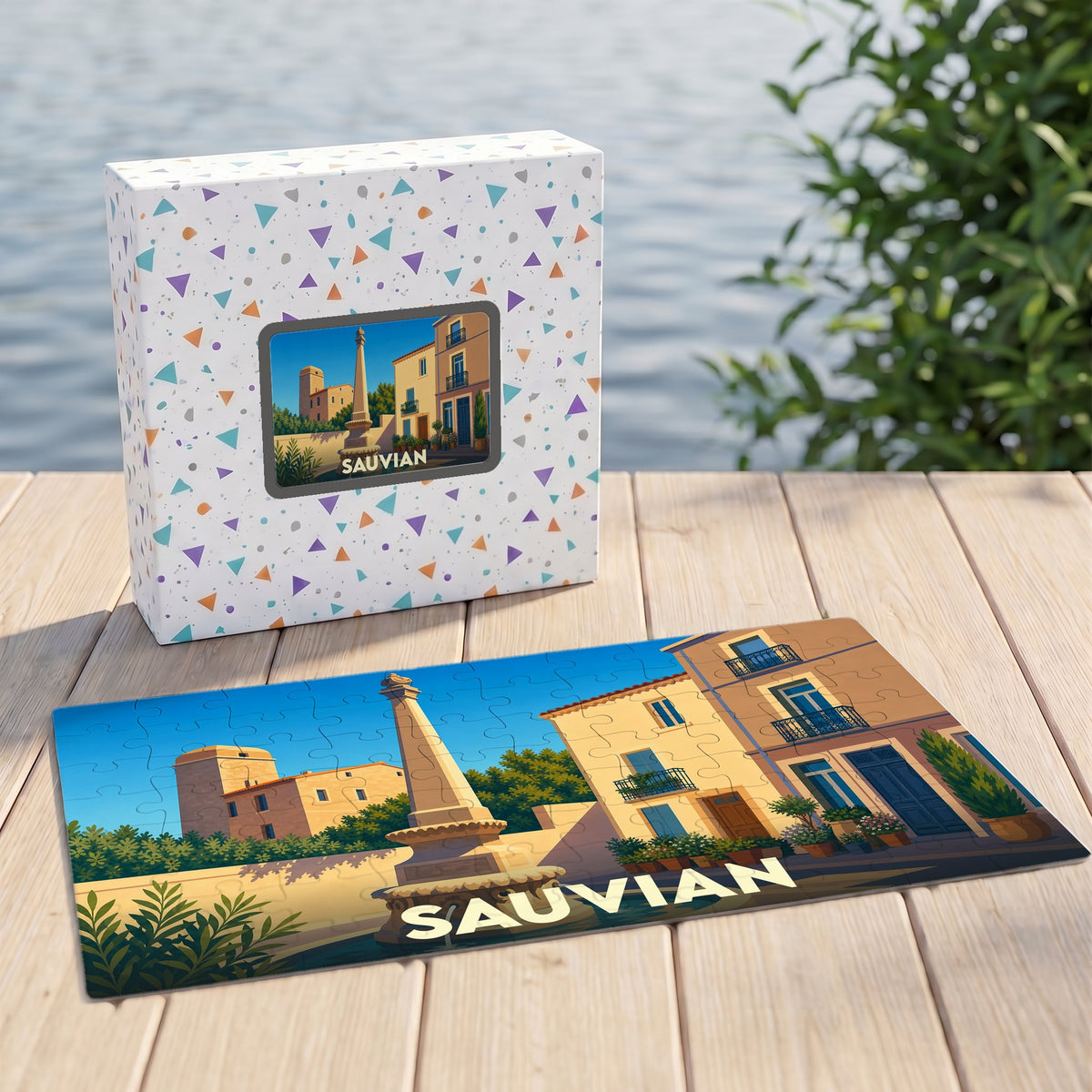 Puzzle souvenir de la ville de Sauvian avec une illustration stylisée et sa boîte assortie.