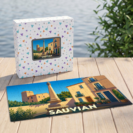 Puzzle souvenir de la ville de Sauvian avec une illustration stylisée et sa boîte assortie.