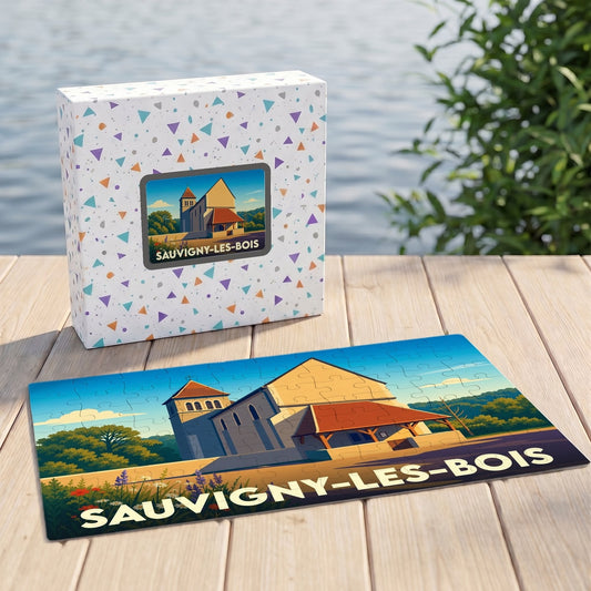 Puzzle souvenir de la ville de Sauvigny-les-Bois avec une illustration stylisée d'une église et son étui assorti.