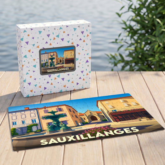 Puzzle souvenir de la ville de Sauxillanges avec une illustration stylisée d'une place animée.