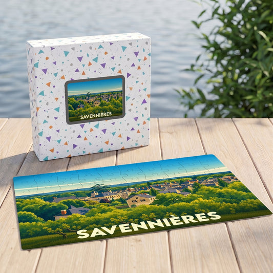 Puzzle souvenir de la ville de Savennières avec une illustration paysagère stylisée.