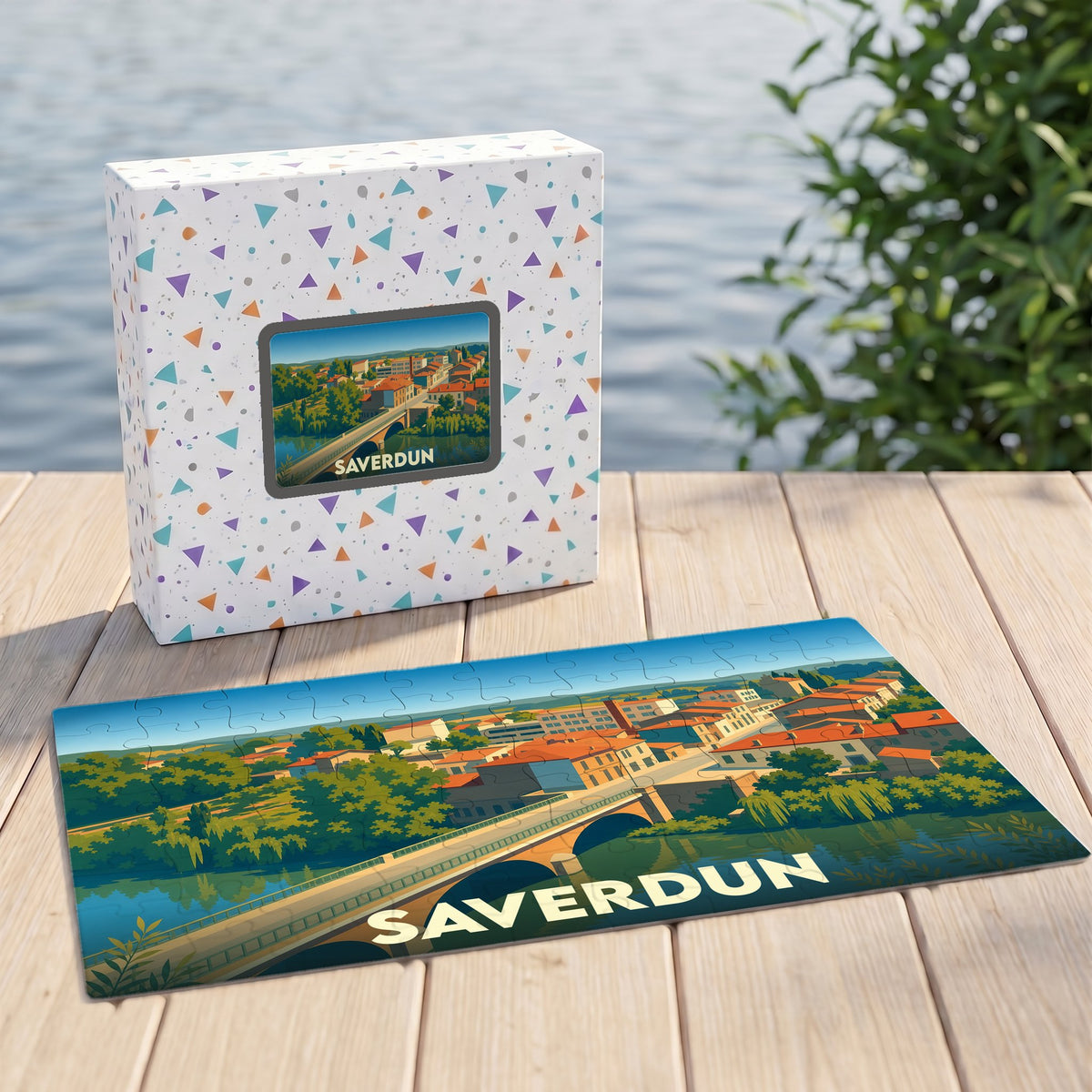Puzzle souvenir de la ville de Saverdun avec une illustration stylisée représentant son pont et ses maisons colorées.