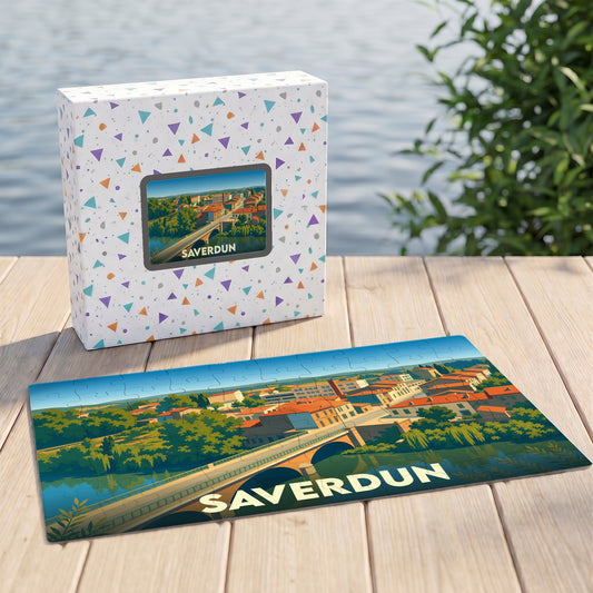 Puzzle souvenir de la ville de Saverdun avec une illustration stylisée de son pont et de ses toits rouges.