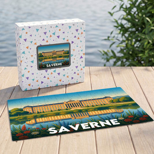 Puzzle souvenir de la ville de Saverne illustrant le château des Rohan et son reflet dans l'eau.