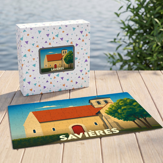 Puzzle souvenir de la ville de Savières avec une illustration stylisée de son église.