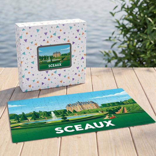 Puzzle souvenir de la ville de Sceaux illustrant son château et ses jardins à la française.
