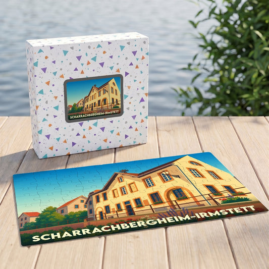 Puzzle souvenir de Scharrachbergheim-Irmstett illustrant un bâtiment de la ville dans un style artistique.
