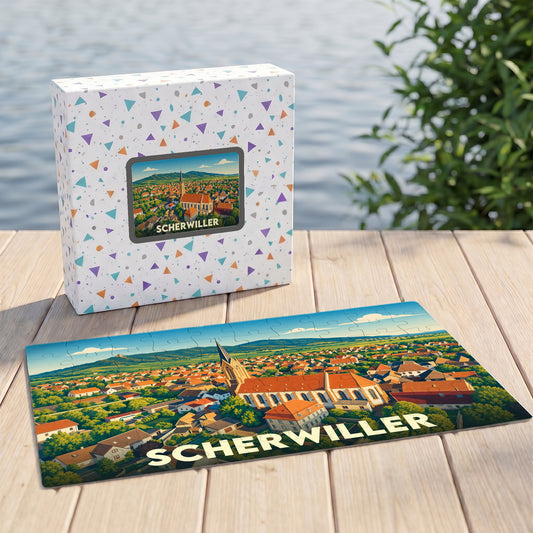Puzzle souvenir de la ville de Scherwiller avec une illustration panoramique stylisée.