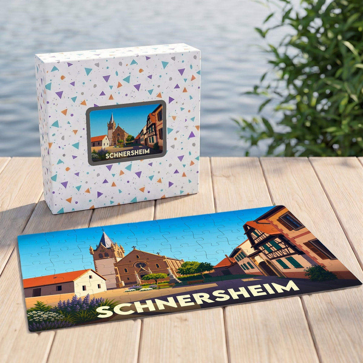 Puzzle souvenir de la ville de Schnersheim avec une illustration stylisée de son église et de ses maisons à colombages.