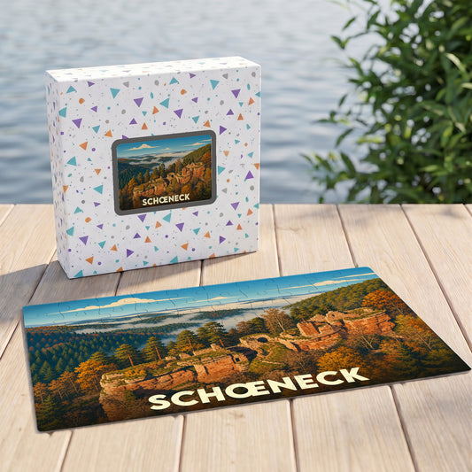 Puzzle souvenir de la ville de Schœneck avec une illustration panoramique de paysages boisés et de ruines.
