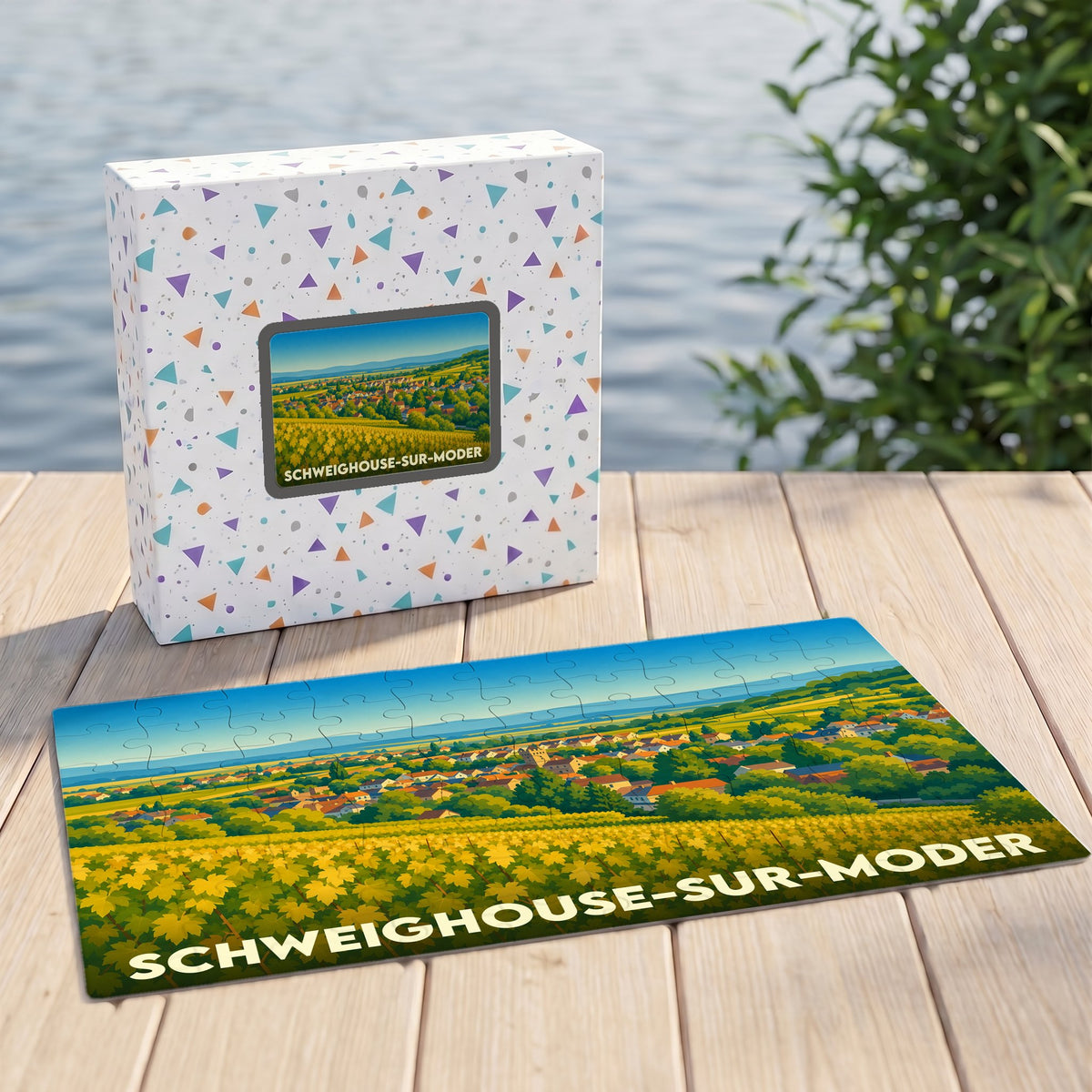 Puzzle souvenir de la ville de Schweighouse-sur-Moder avec une illustration stylisée de ses paysages et vignobles.