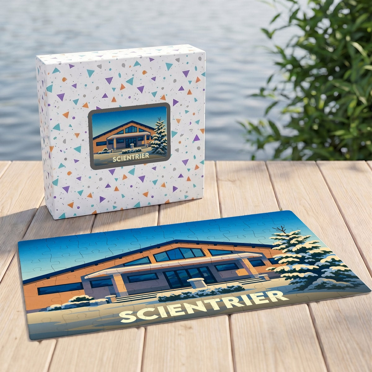 Puzzle souvenir de la ville de Scientrier avec une illustration stylisée d'un bâtiment sous la neige.