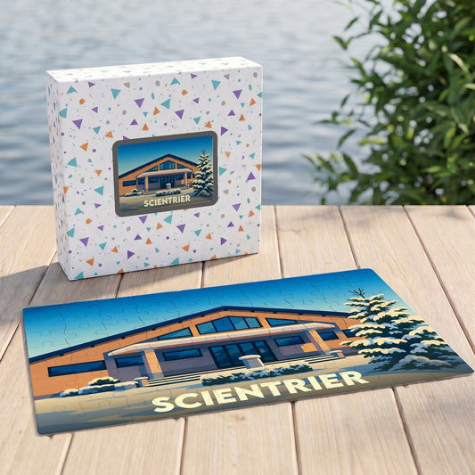 Puzzle souvenir de la ville de Scientrier avec une illustration stylisée d'un bâtiment sous la neige.