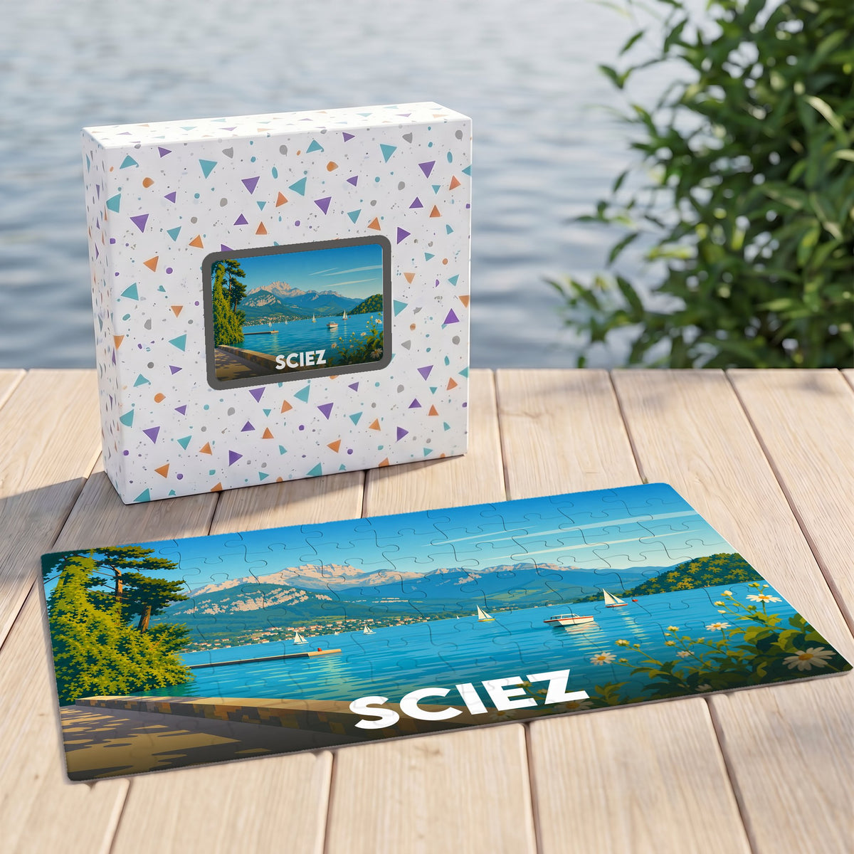 Puzzle souvenir de la ville de Sciez avec une illustration stylisée des bords du lac Léman.