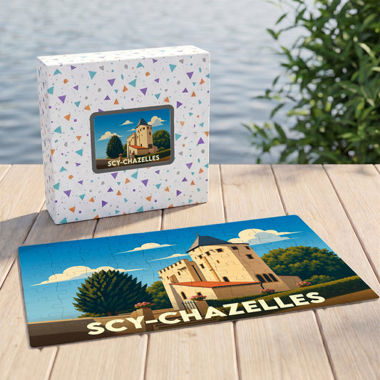 Puzzle souvenir de la ville de Scy-Chazelles illustrant son patrimoine architectural dans un style rétro.