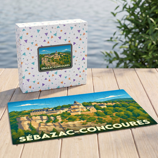 Puzzle souvenir de la ville de Sébazac-Concourès avec une illustration stylisée d'un village perché sur une falaise.