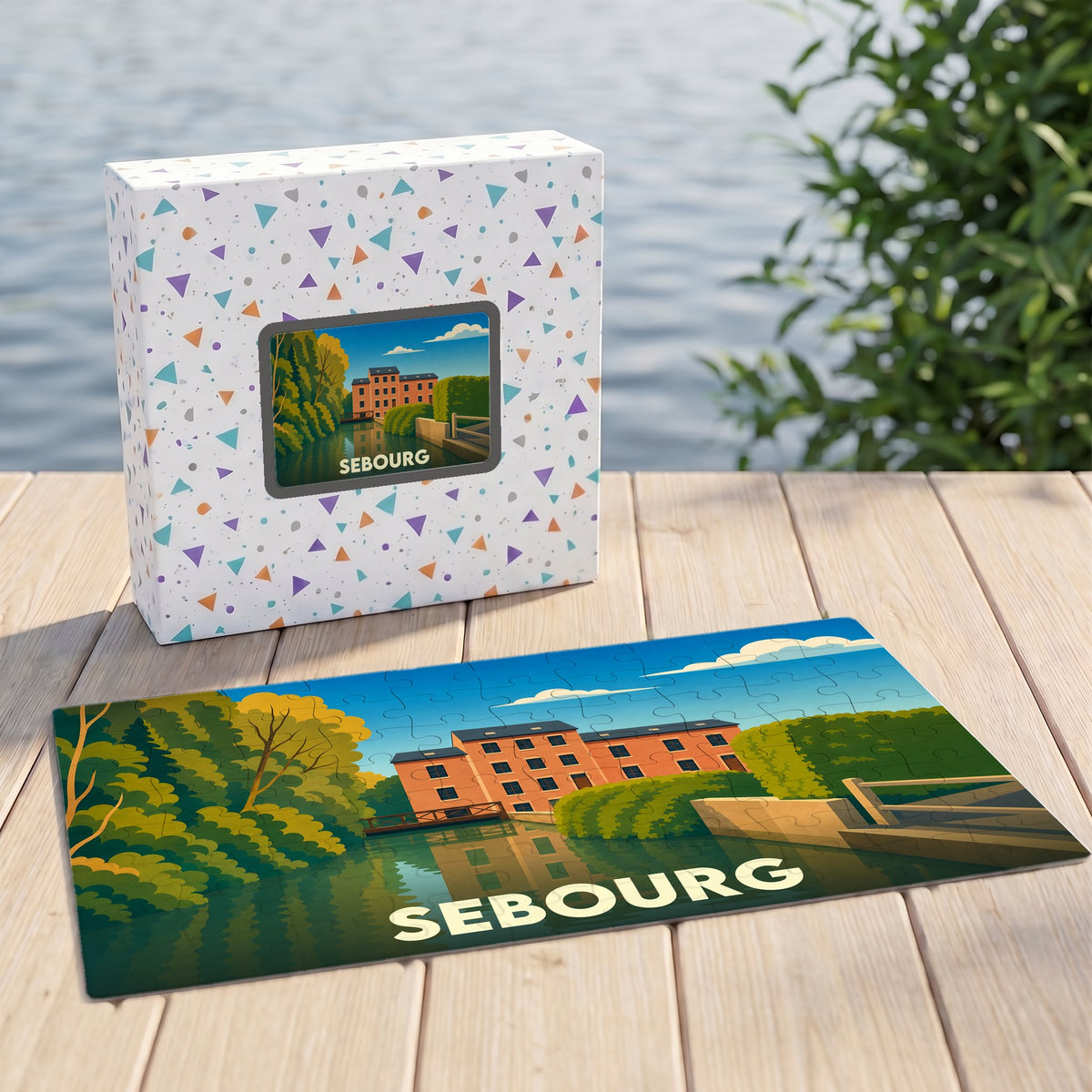 Puzzle souvenir de la ville de Sebourg représentant une illustration stylisée d'un moulin au bord de l'eau.