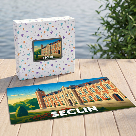 Puzzle souvenir de la ville de Seclin avec une illustration stylisée d'un bâtiment historique.