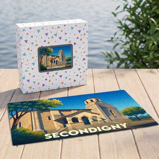 Puzzle souvenir de la ville de Secondigny avec une illustration stylisée d'un bâtiment historique.