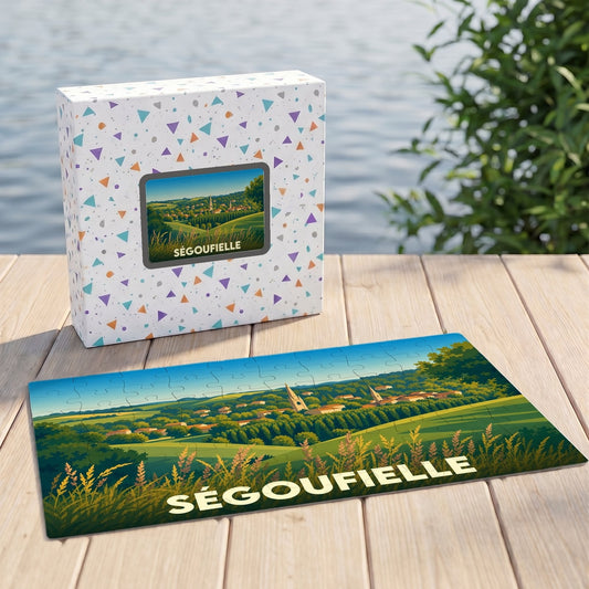 Puzzle souvenir de la ville de Ségoufielle présentant une illustration stylisée de son paysage rural.