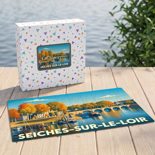 Puzzle souvenir de la ville de Seiches-sur-le-Loir avec une illustration stylisée des bords de l'eau.