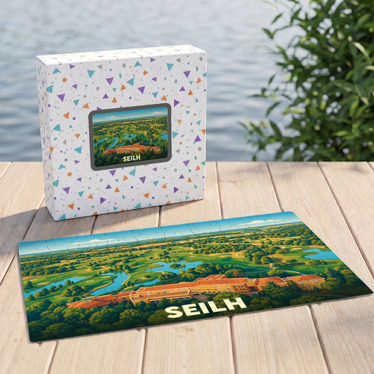 Puzzle souvenir de la ville de Seilh illustré par un paysage panoramique stylisé.
