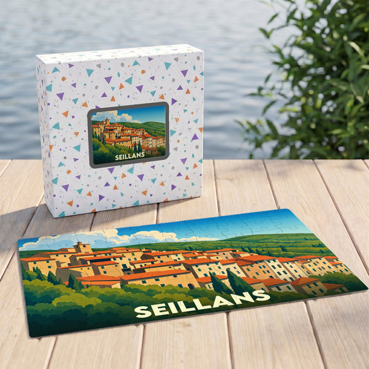 Puzzle souvenir de la ville de Seillans représentant une vue panoramique illustrée du village.