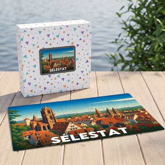 Puzzle souvenir de la ville de Sélestat avec une illustration stylisée de ses toits et de son église.