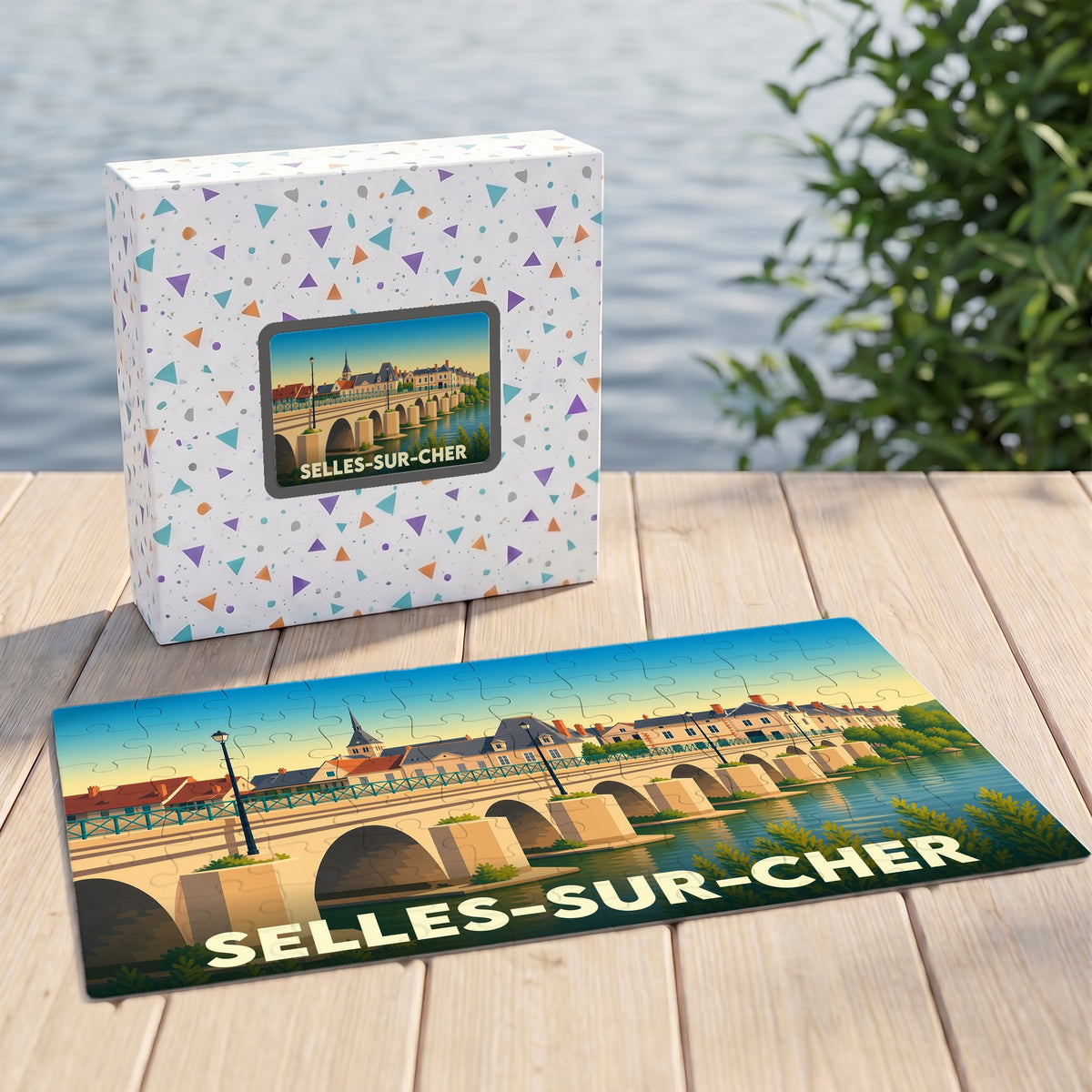 Puzzle souvenir de la ville de Selles-sur-Cher avec une illustration stylisée de son pont et de son bord de rivière.
