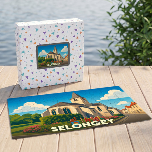 Puzzle souvenir de la ville de Selongey avec une illustration stylisée de son église et de son paysage urbain.