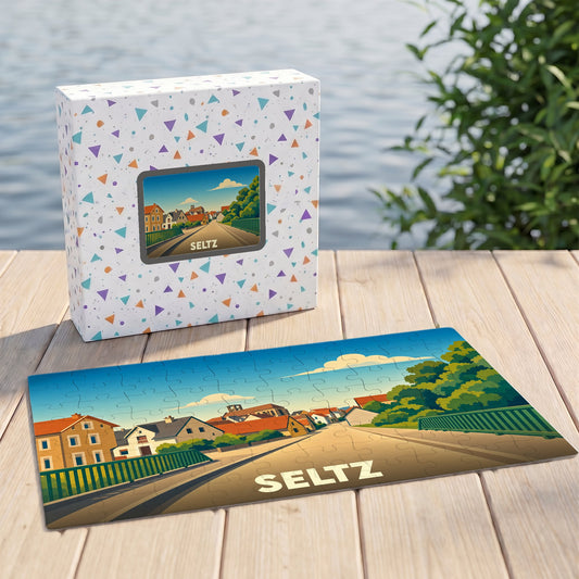 Puzzle souvenir de la ville de Seltz avec une illustration stylisée d'un paysage urbain.