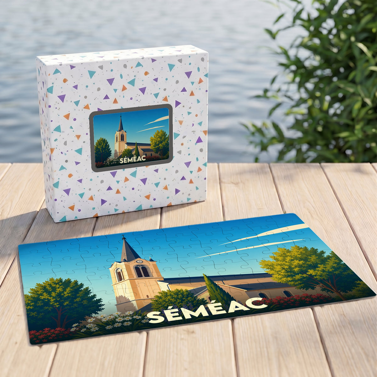 Puzzle souvenir de la ville de Séméac avec une illustration stylisée de son église sous un ciel bleu.