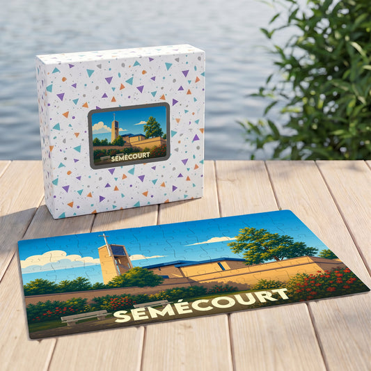 Puzzle souvenir de la ville de Semécourt avec une illustration stylisée et colorée.