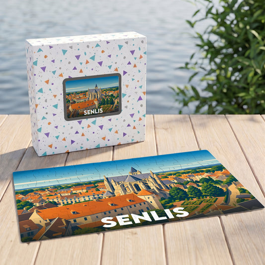 Puzzle souvenir de la ville de Senlis avec une illustration panoramique stylisée.