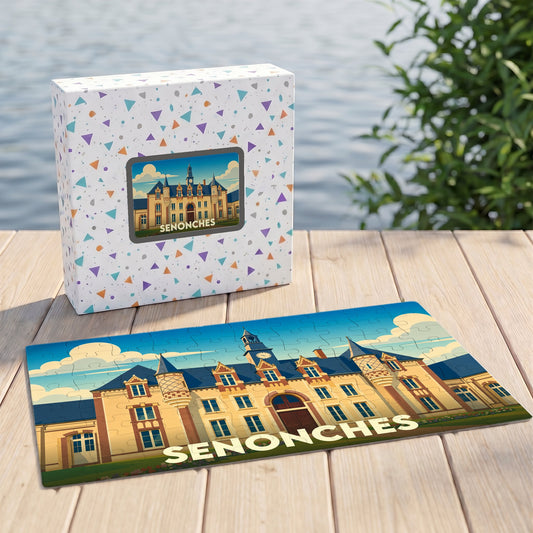 Puzzle souvenir de la ville de Senonches avec une illustration stylisée d'un château.