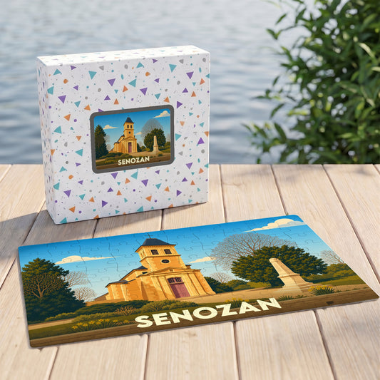 Puzzle souvenir de la ville de Senozan avec une illustration stylisée d'une église et son monument.